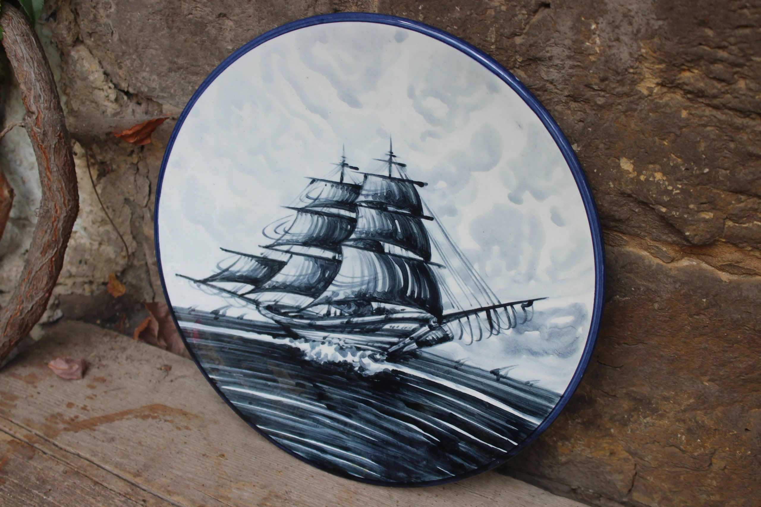 Blue sailboat ceramic decorative plate - View 4