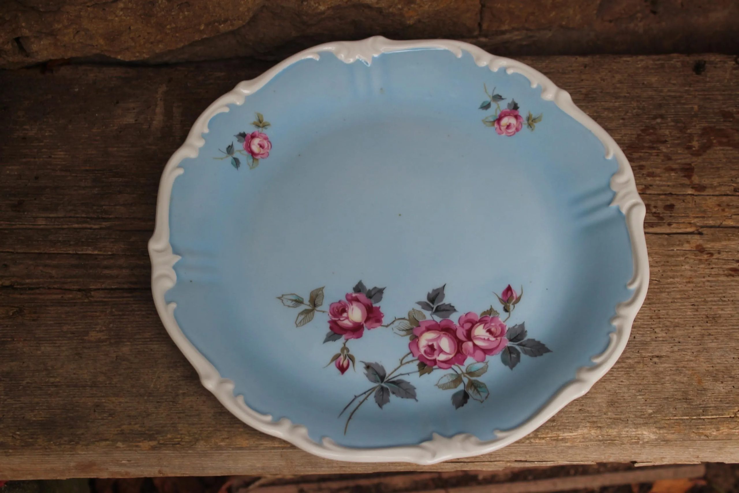 Vintage floral pink and blue rose ceramic plate