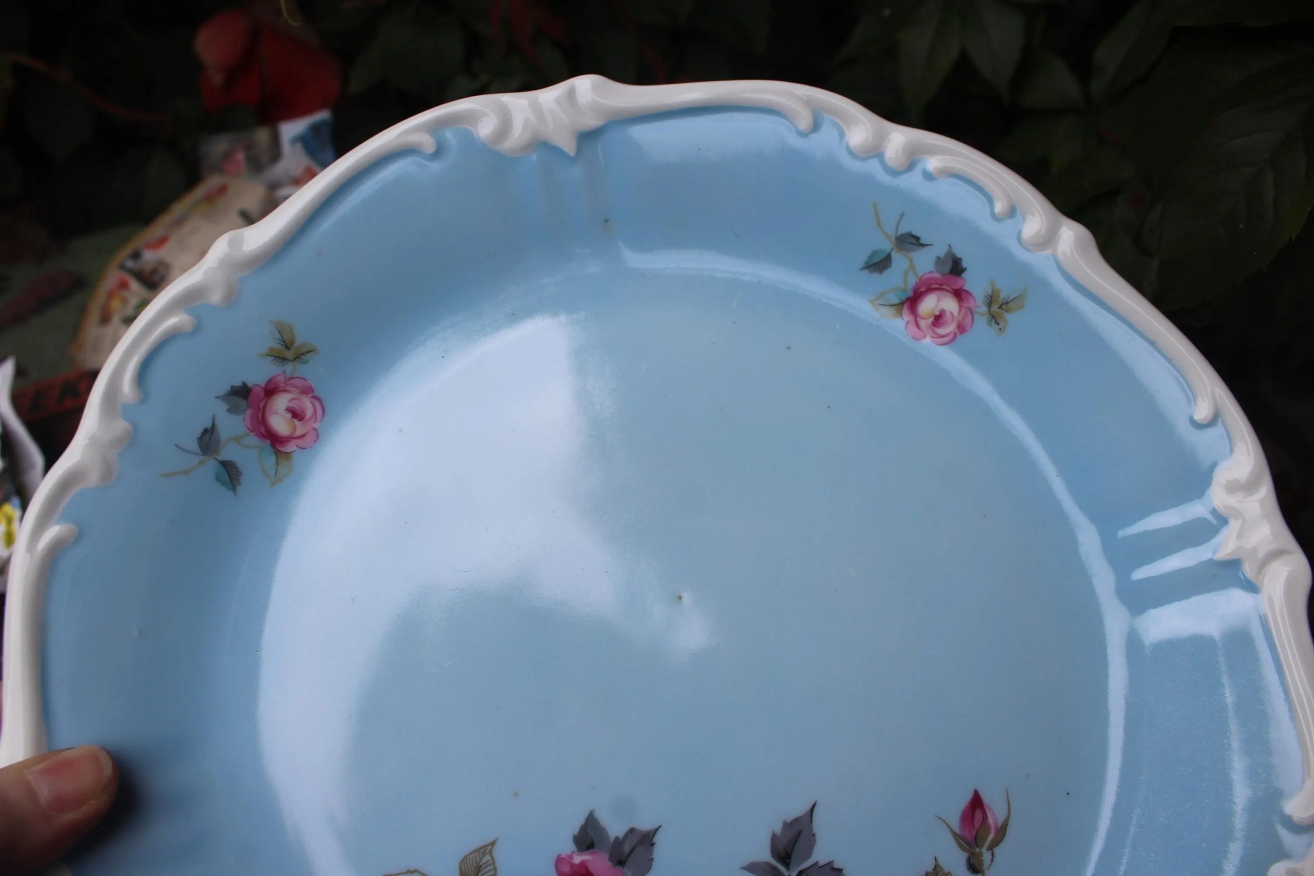 Vintage floral pink and blue rose ceramic plate - View 3