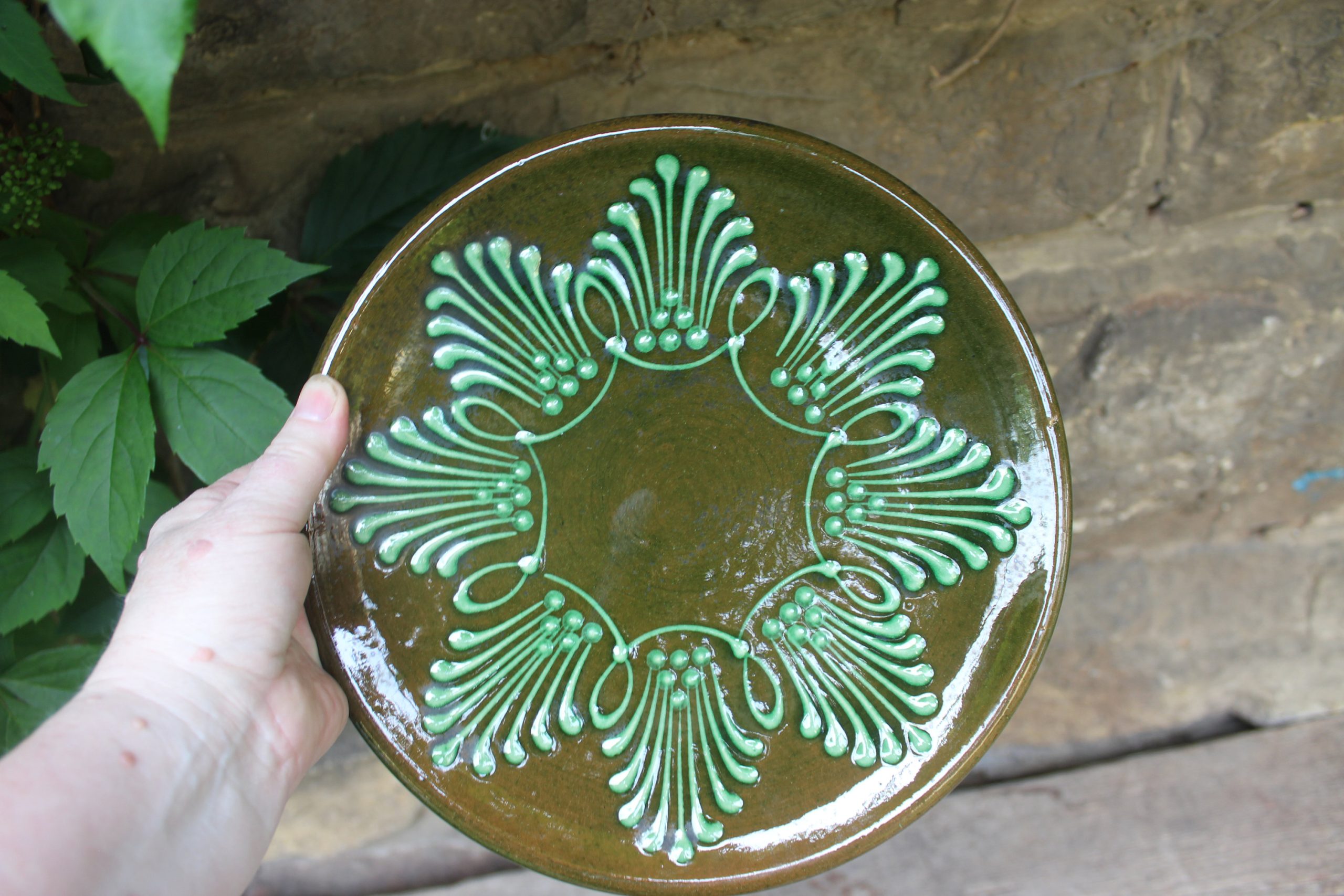 Vintage embossed olive green ceramic plate - View 2