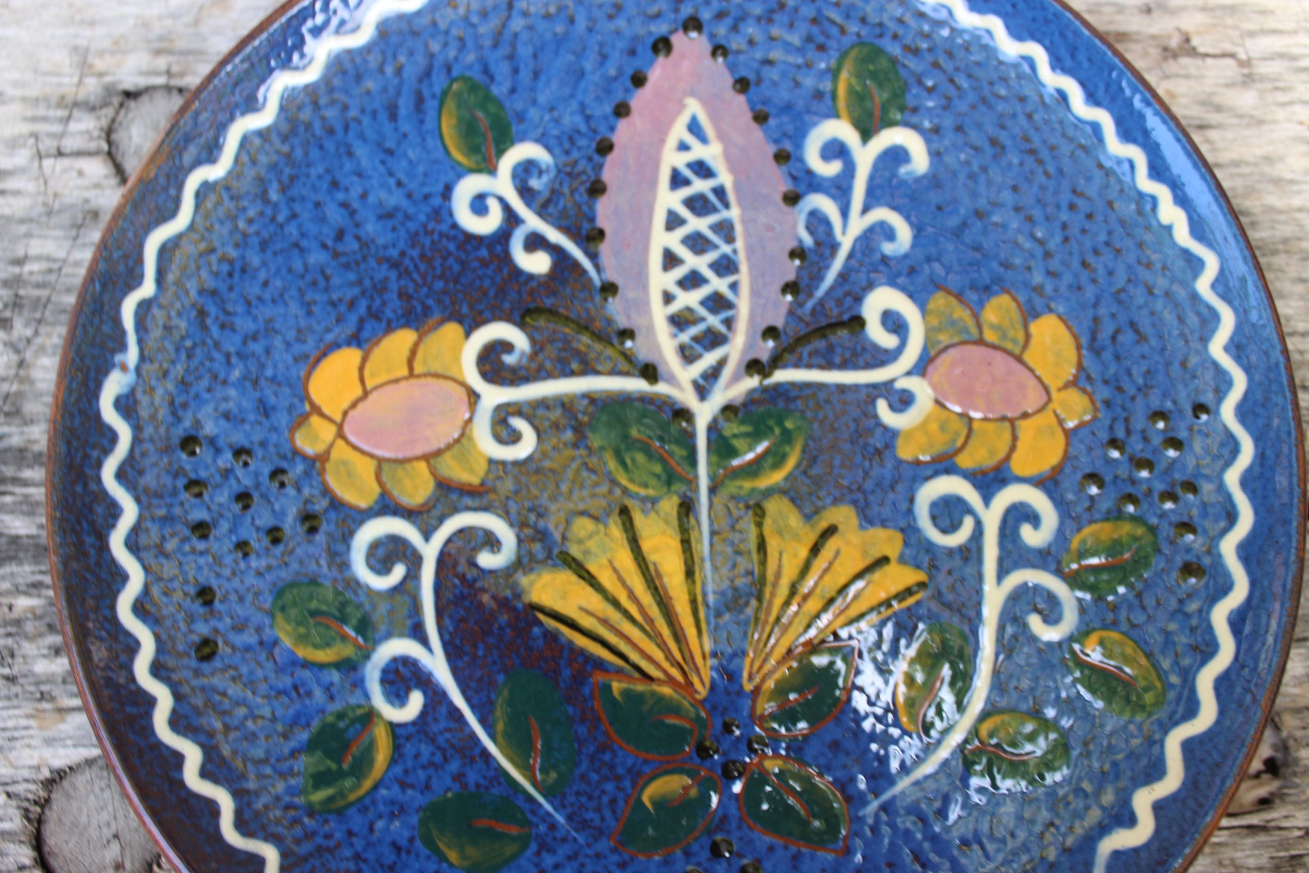 Blue Folk Art Floral Ceramic Plate - View 2