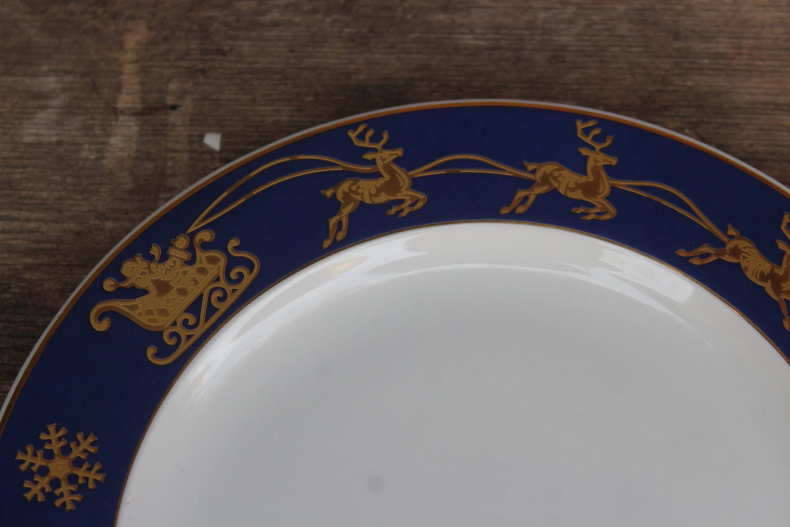 Retro Holiday Blue and Gold Reindeer Ceramic Plate - View 3