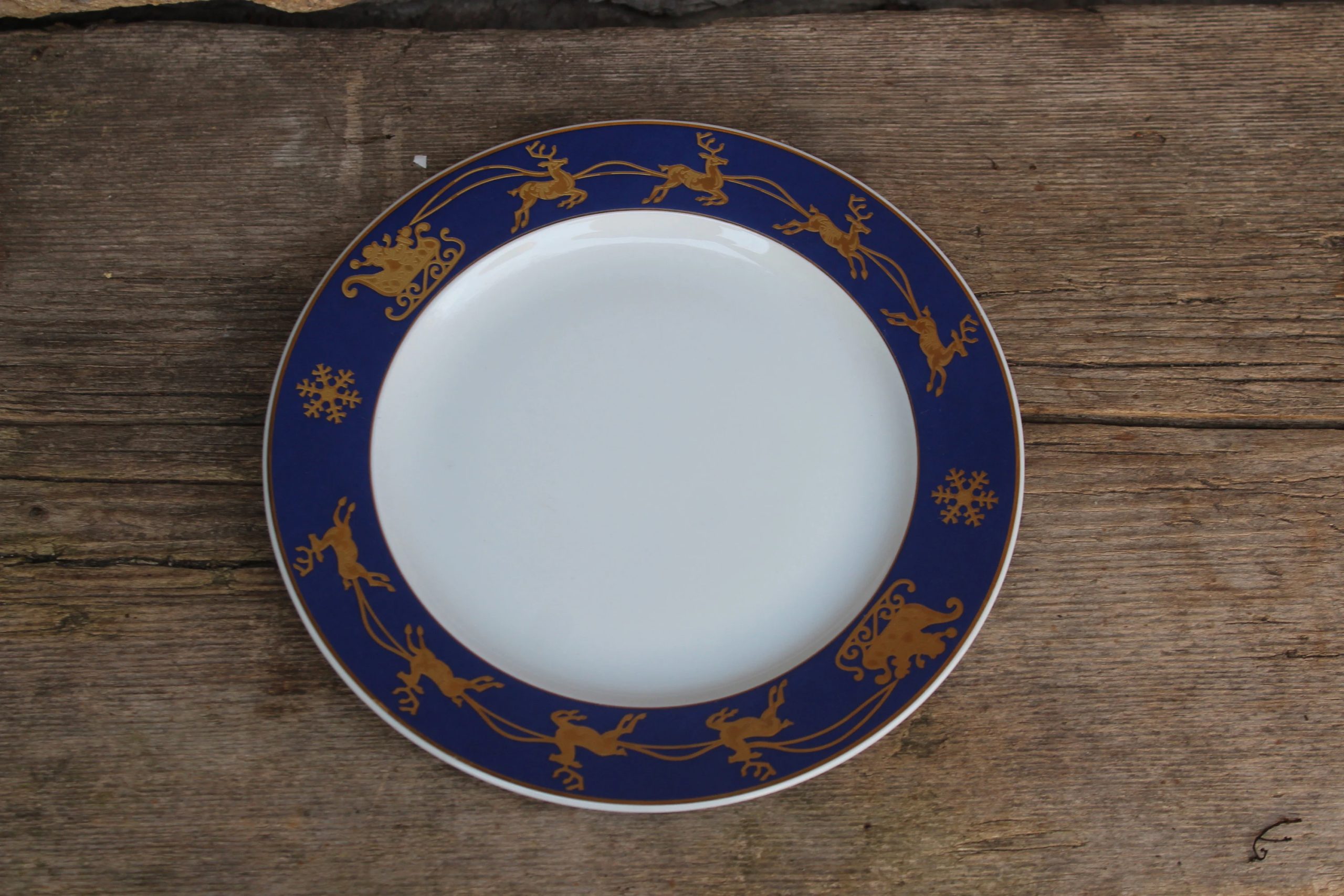 Retro Holiday Blue and Gold Reindeer Ceramic Plate - View 4
